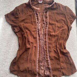 Old Navy Brown Ruffle-Trim Short Sleeve Blouse